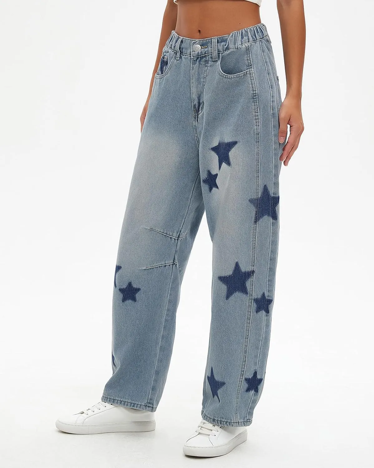 Star Barrel Jeans Women Elastic Mid Rise Wide Leg Jeans Loose Baggy Printed Boyfriend Denim Pants