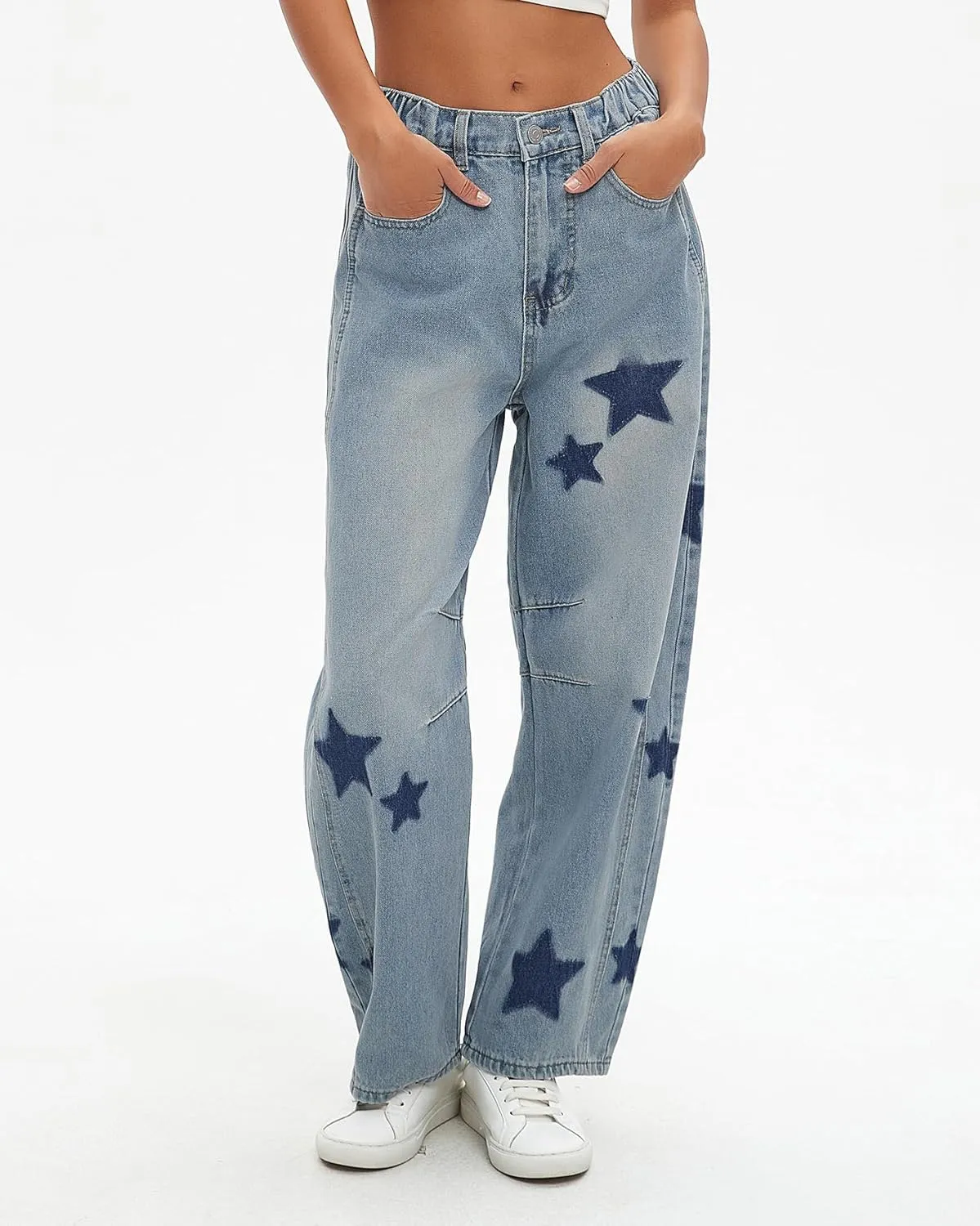 Star Barrel Jeans Women Elastic Mid Rise Wide Leg Jeans Loose Baggy Printed Boyfriend Denim Pants