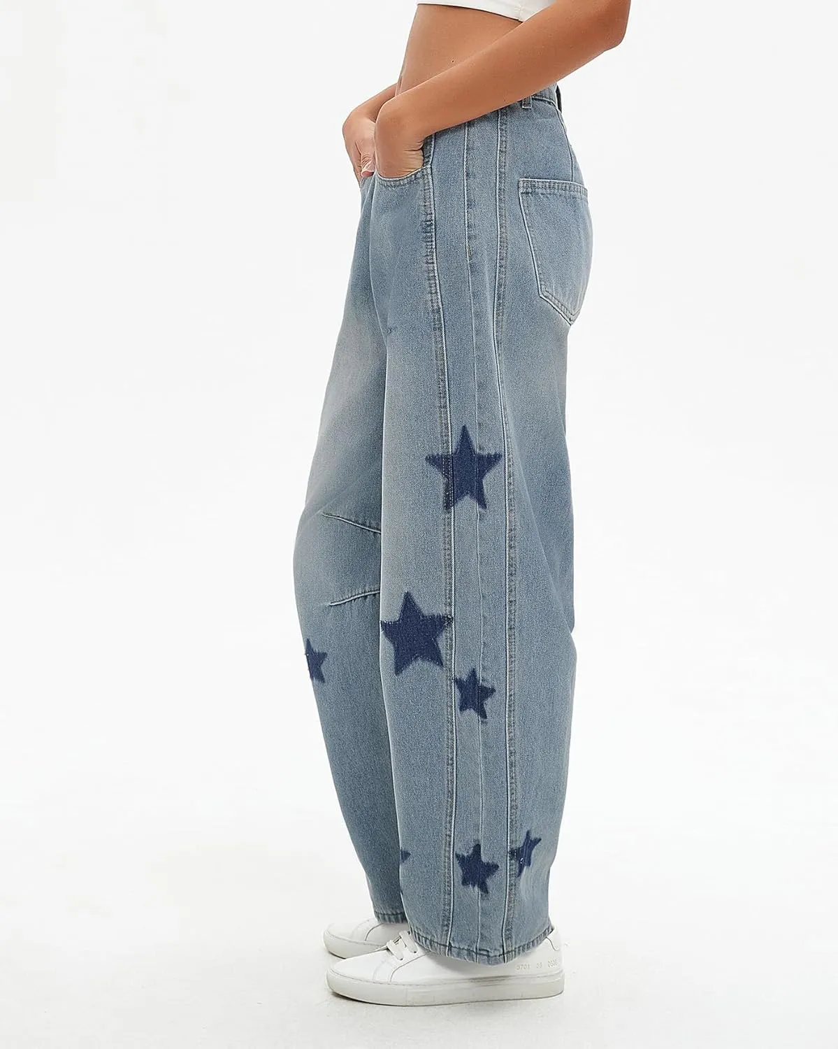 Star Barrel Jeans Women Elastic Mid Rise Wide Leg Jeans Loose Baggy Printed Boyfriend Denim Pants