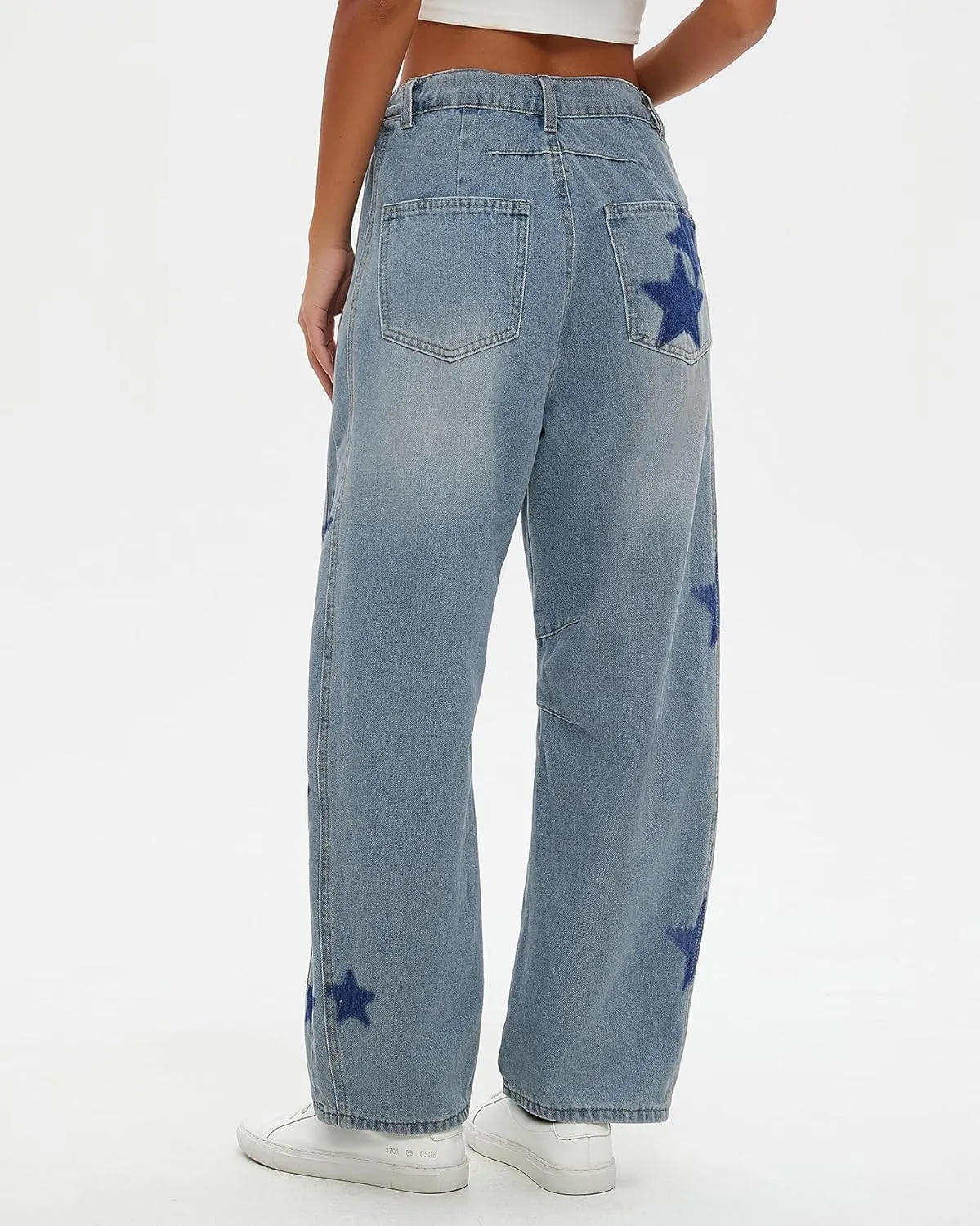 Star Barrel Jeans Women Elastic Mid Rise Wide Leg Jeans Loose Baggy Printed Boyfriend Denim Pants