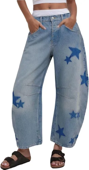 Star Barrel Jeans Women Elastic Mid Rise Wide Leg Jeans Loose Baggy Printed Boyfriend Denim Pants