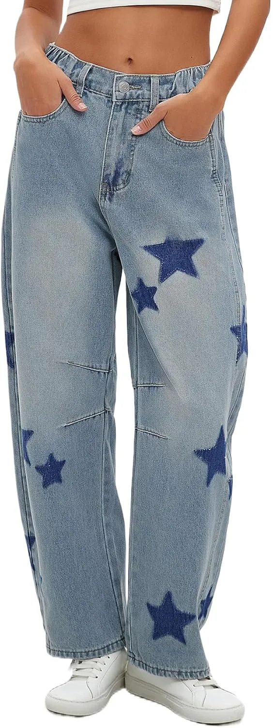 Star Barrel Jeans Women Elastic Mid Rise Wide Leg Jeans Loose Baggy Printed Boyfriend Denim Pants