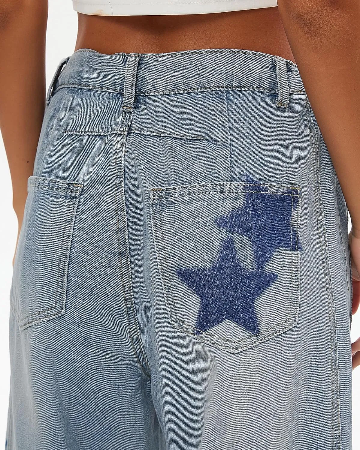 Star Barrel Jeans Women Elastic Mid Rise Wide Leg Jeans Loose Baggy Printed Boyfriend Denim Pants