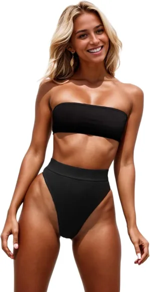 Strapless Bikini Sets for Women, High Waisted Tummy Control Swimsuits for Women Black, OneSize 2-8