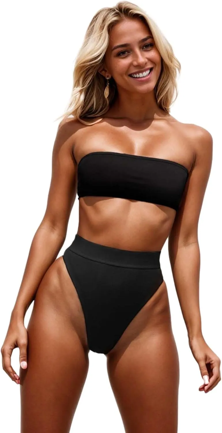 Strapless Bikini Sets for Women, High Waisted Tummy Control Swimsuits for Women Black, OneSize 2-8