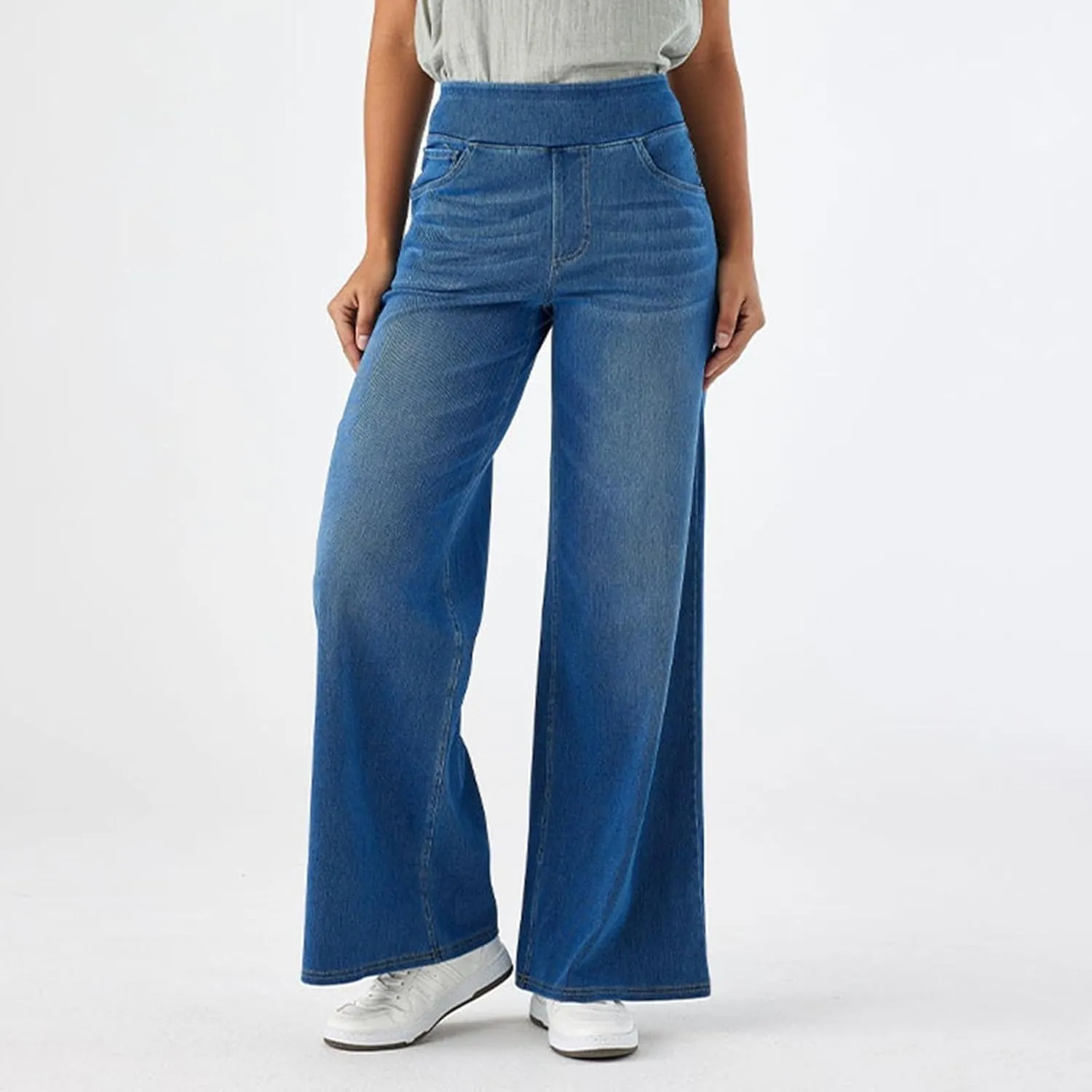Stretch Jeans for Women Tummy Control Retro Wide Leg Elastic High Waisted Loose Casual Denim Pants with Pockets