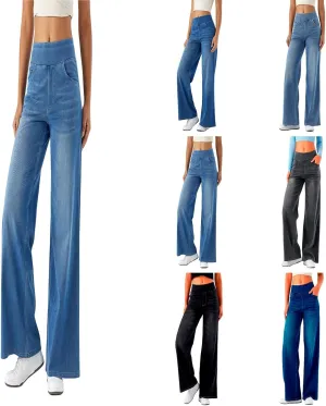 Stretch Jeans for Women Tummy Control Retro Wide Leg Elastic High Waisted Loose Casual Denim Pants with Pockets