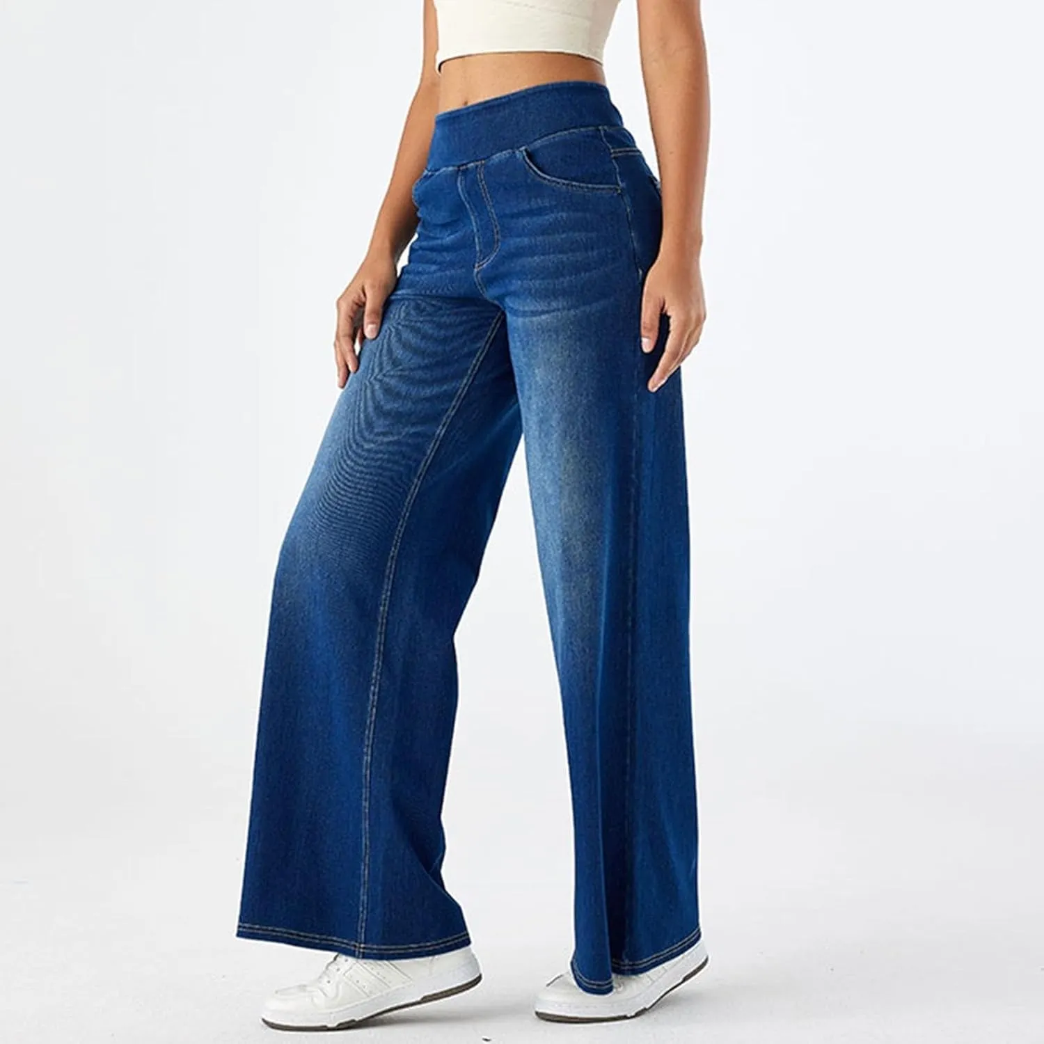 Stretch Jeans for Women Tummy Control Retro Wide Leg Elastic High Waisted Loose Casual Denim Pants with Pockets