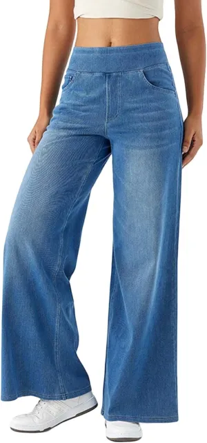 Stretch Jeans for Women Tummy Control Retro Wide Leg Elastic High Waisted Loose Casual Denim Pants with Pockets