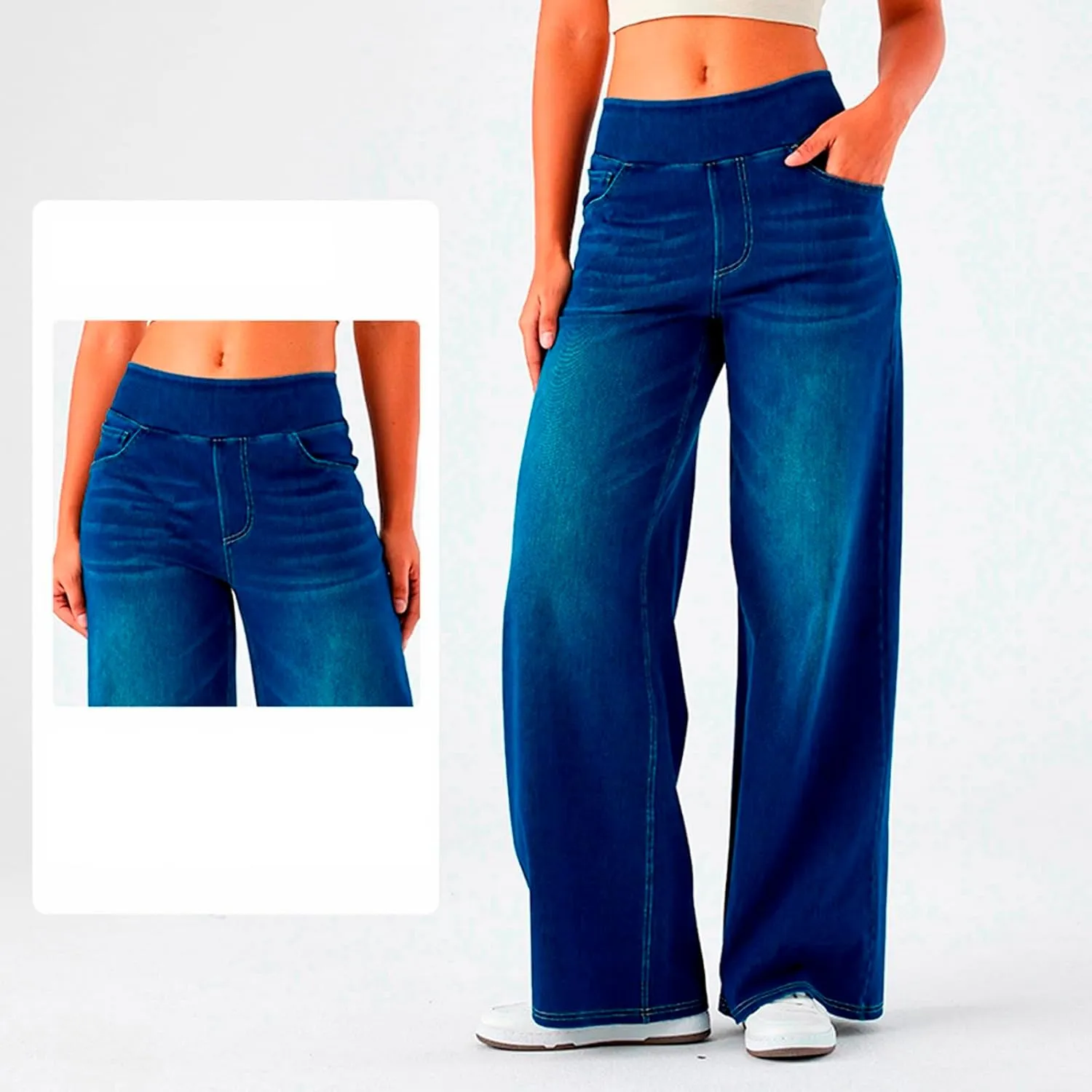 Stretch Jeans for Women Tummy Control Retro Wide Leg Elastic High Waisted Loose Casual Denim Pants with Pockets