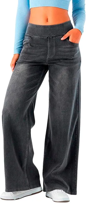 Stretch Jeans for Women Tummy Control Retro Wide Leg Elastic High Waisted Loose Casual Denim Pants with Pockets