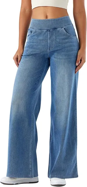 Stretch Jeans for Women Tummy Control Retro Wide Leg Elastic High Waisted Loose Casual Denim Pants with Pockets
