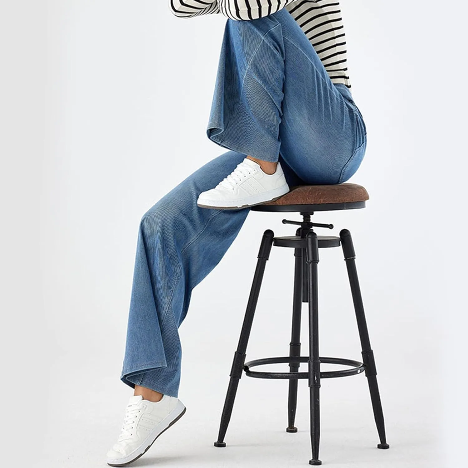 Stretch Jeans for Women Tummy Control Retro Wide Leg Elastic High Waisted Loose Casual Denim Pants with Pockets