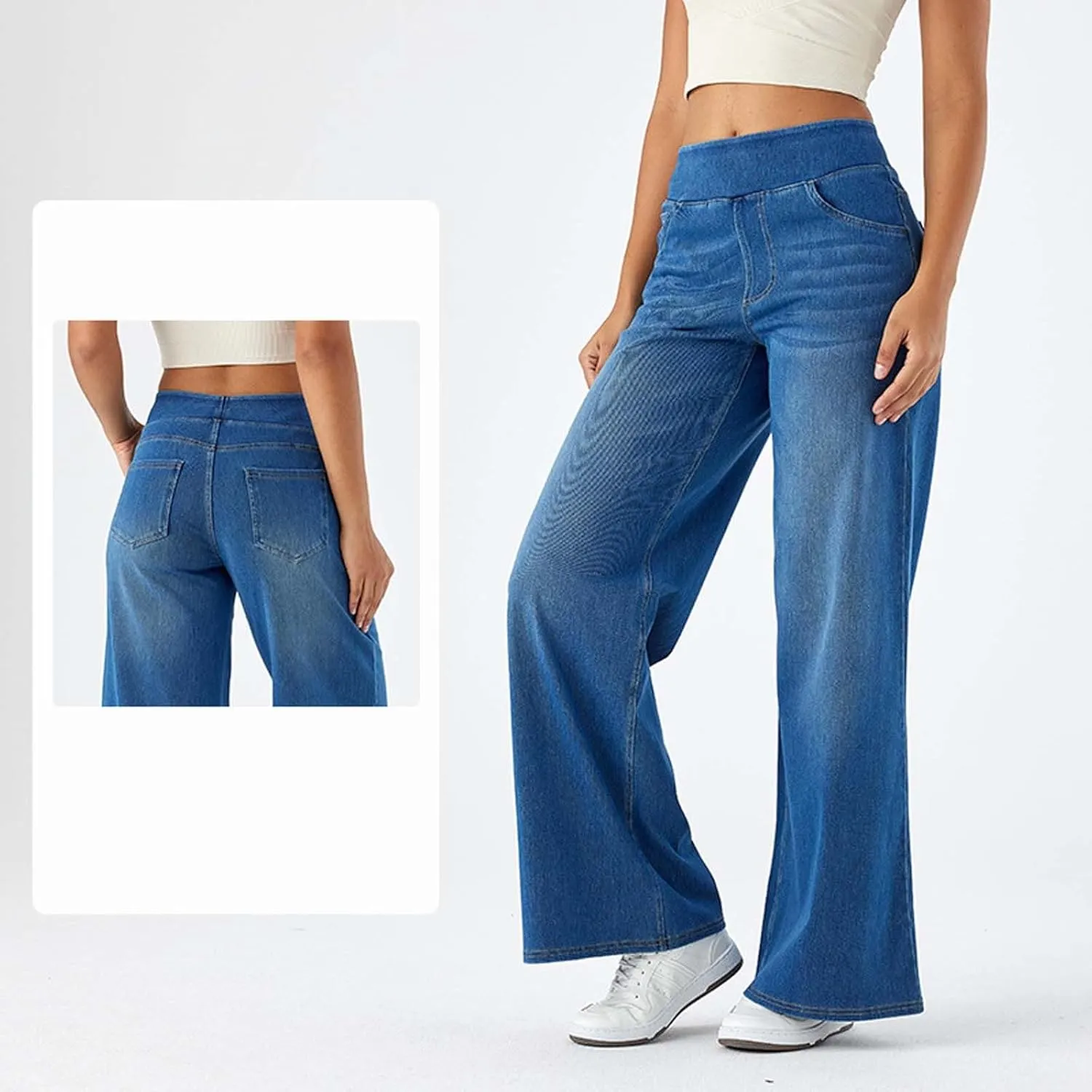 Stretch Jeans for Women Tummy Control Retro Wide Leg Elastic High Waisted Loose Casual Denim Pants with Pockets