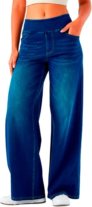 Stretch Jeans for Women Tummy Control Retro Wide Leg Elastic High Waisted Loose Casual Denim Pants with Pockets