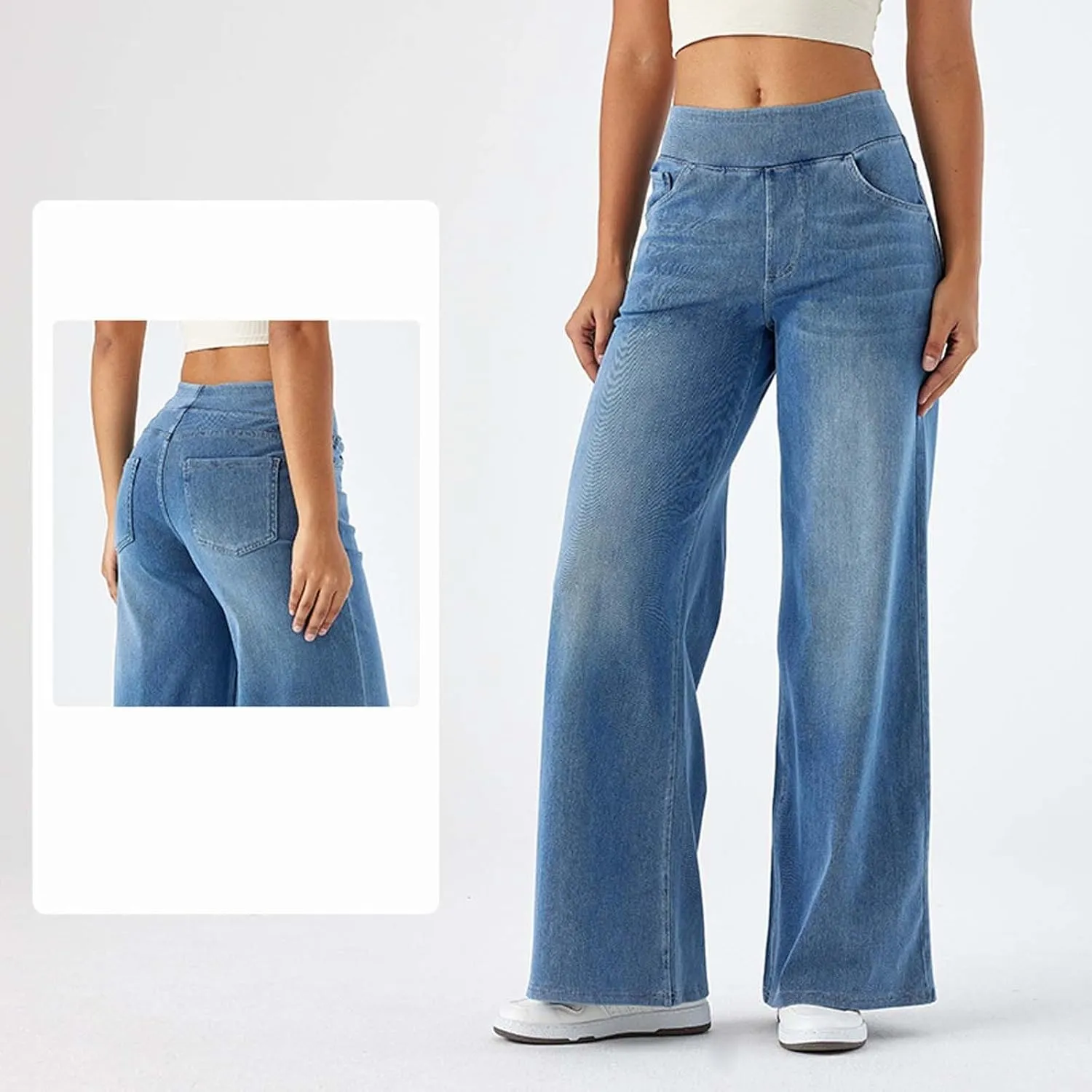 Stretch Jeans for Women Tummy Control Retro Wide Leg Elastic High Waisted Loose Casual Denim Pants with Pockets