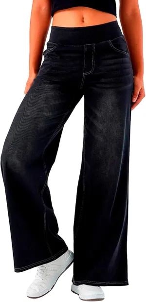 Stretch Jeans for Women Tummy Control Retro Wide Leg Elastic High Waisted Loose Casual Denim Pants with Pockets