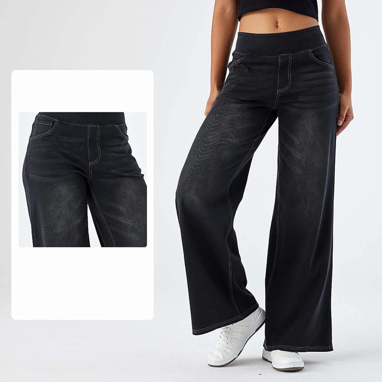 Stretch Jeans for Women Tummy Control Retro Wide Leg Elastic High Waisted Loose Casual Denim Pants with Pockets