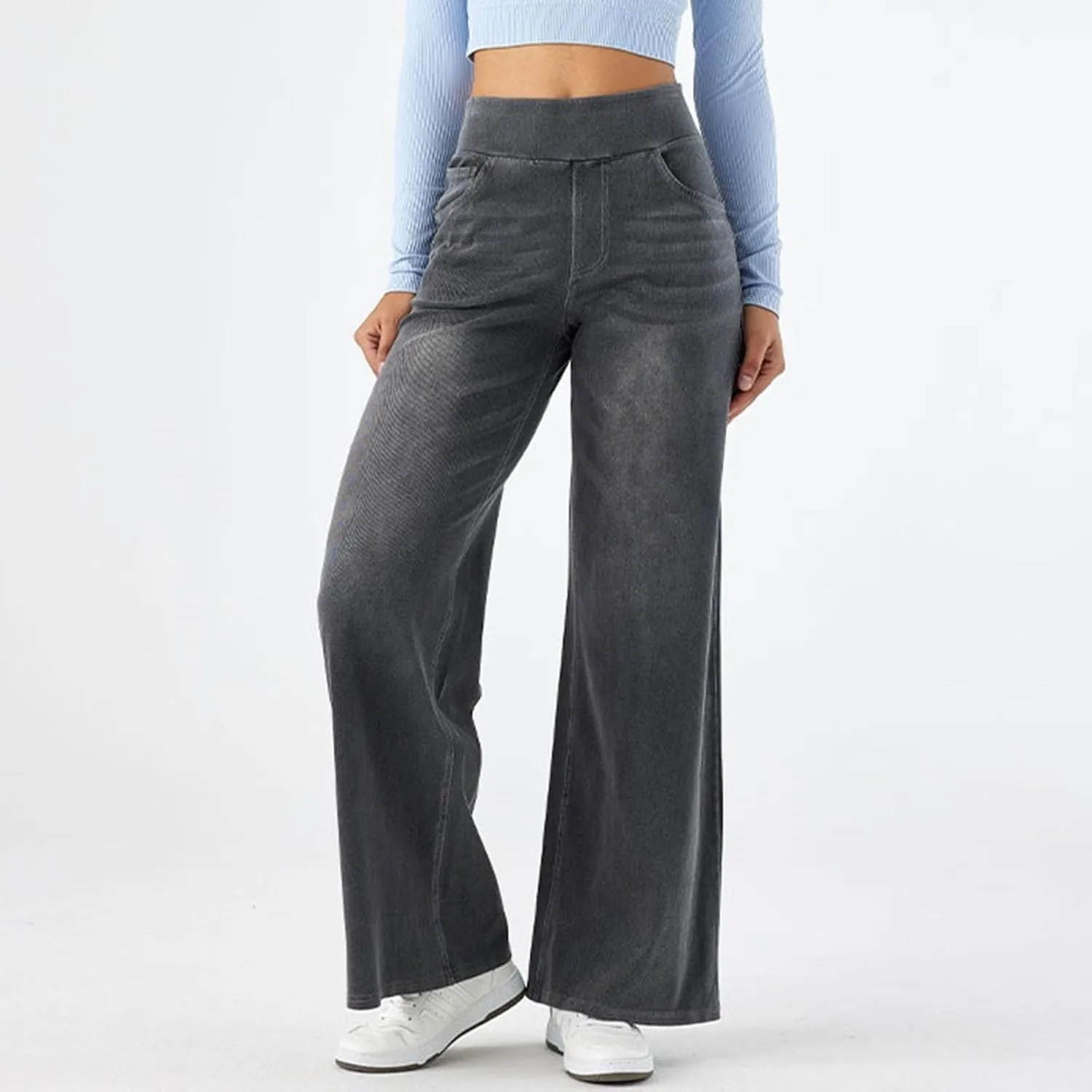 Stretch Jeans for Women Tummy Control Retro Wide Leg Elastic High Waisted Loose Casual Denim Pants with Pockets