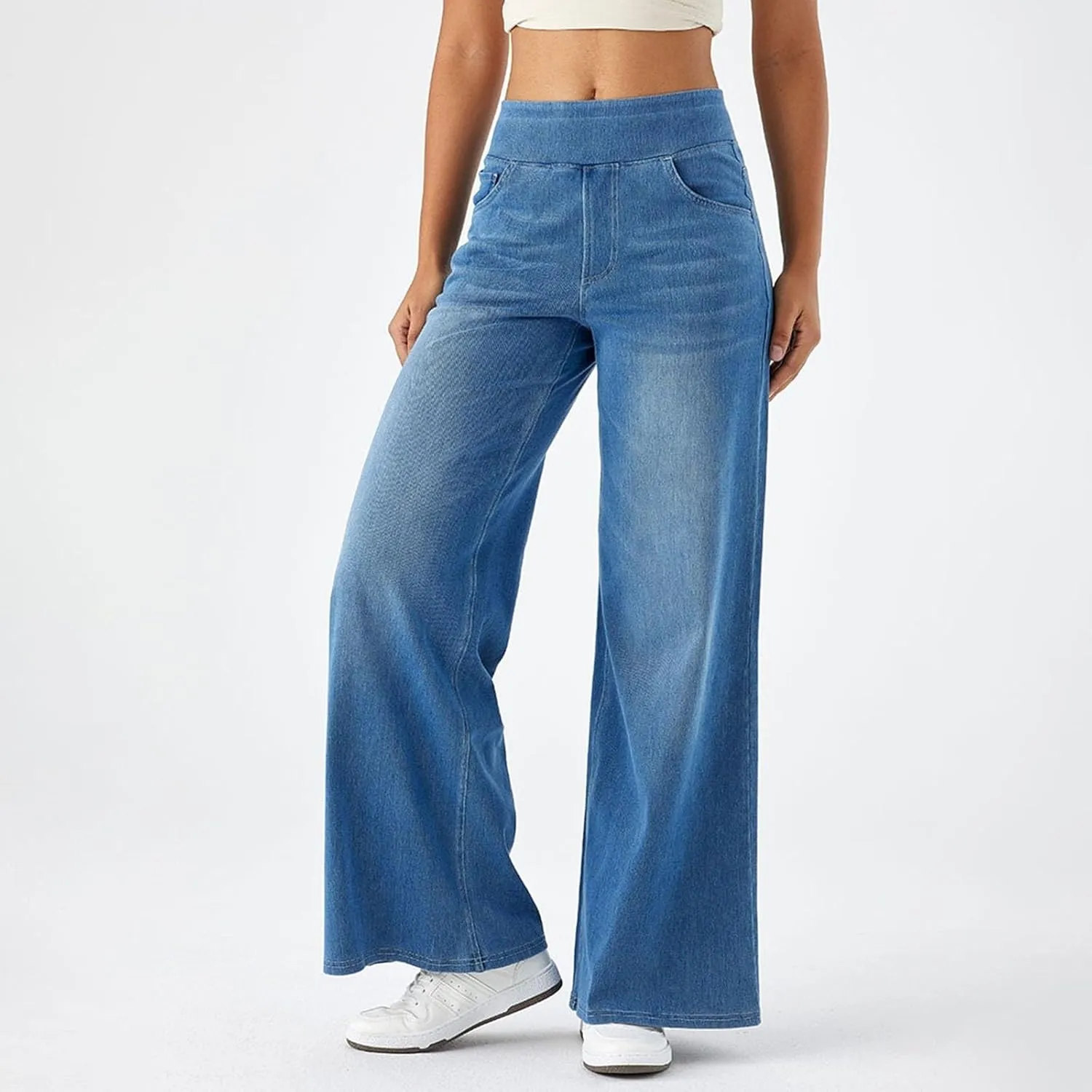 Stretch Jeans for Women Tummy Control Retro Wide Leg Elastic High Waisted Loose Casual Denim Pants with Pockets