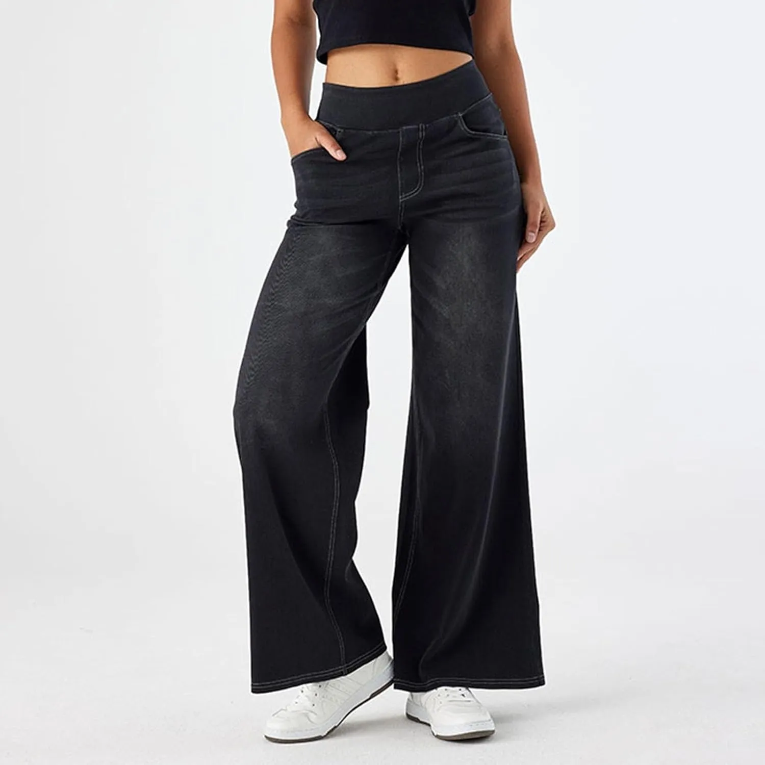 Stretch Jeans for Women Tummy Control Retro Wide Leg Elastic High Waisted Loose Casual Denim Pants with Pockets