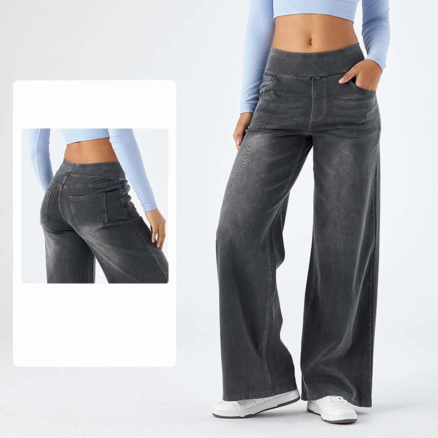 Stretch Jeans for Women Tummy Control Retro Wide Leg Elastic High Waisted Loose Casual Denim Pants with Pockets