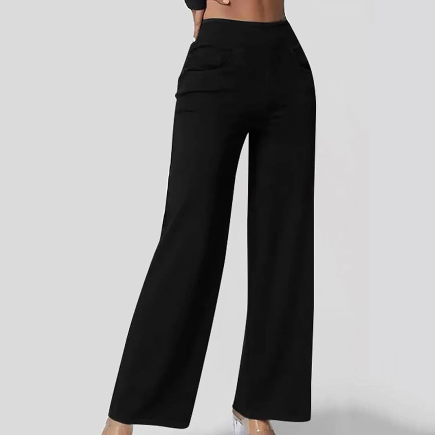 Stretch Jeans for Women Tummy Control Retro Wide Leg Elastic High Waisted Loose Pull on Denim Pants with Pockets