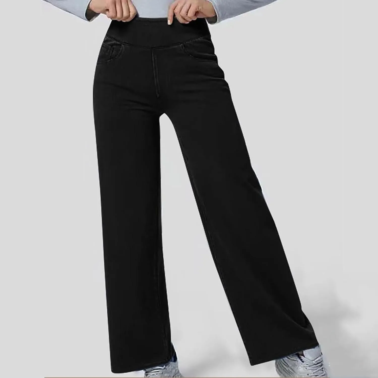 Stretch Jeans for Women Tummy Control Retro Wide Leg Elastic High Waisted Loose Pull on Denim Pants with Pockets