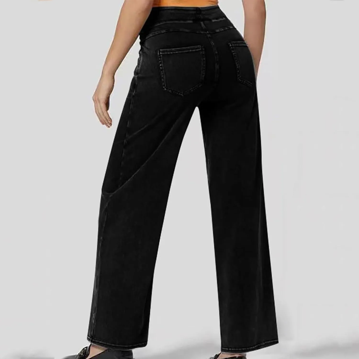 Stretch Jeans for Women Tummy Control Retro Wide Leg Elastic High Waisted Loose Pull on Denim Pants with Pockets