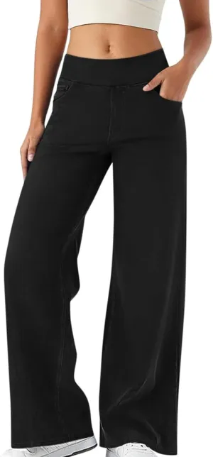 Stretch Jeans for Women Tummy Control Retro Wide Leg Elastic High Waisted Loose Pull on Denim Pants with Pockets