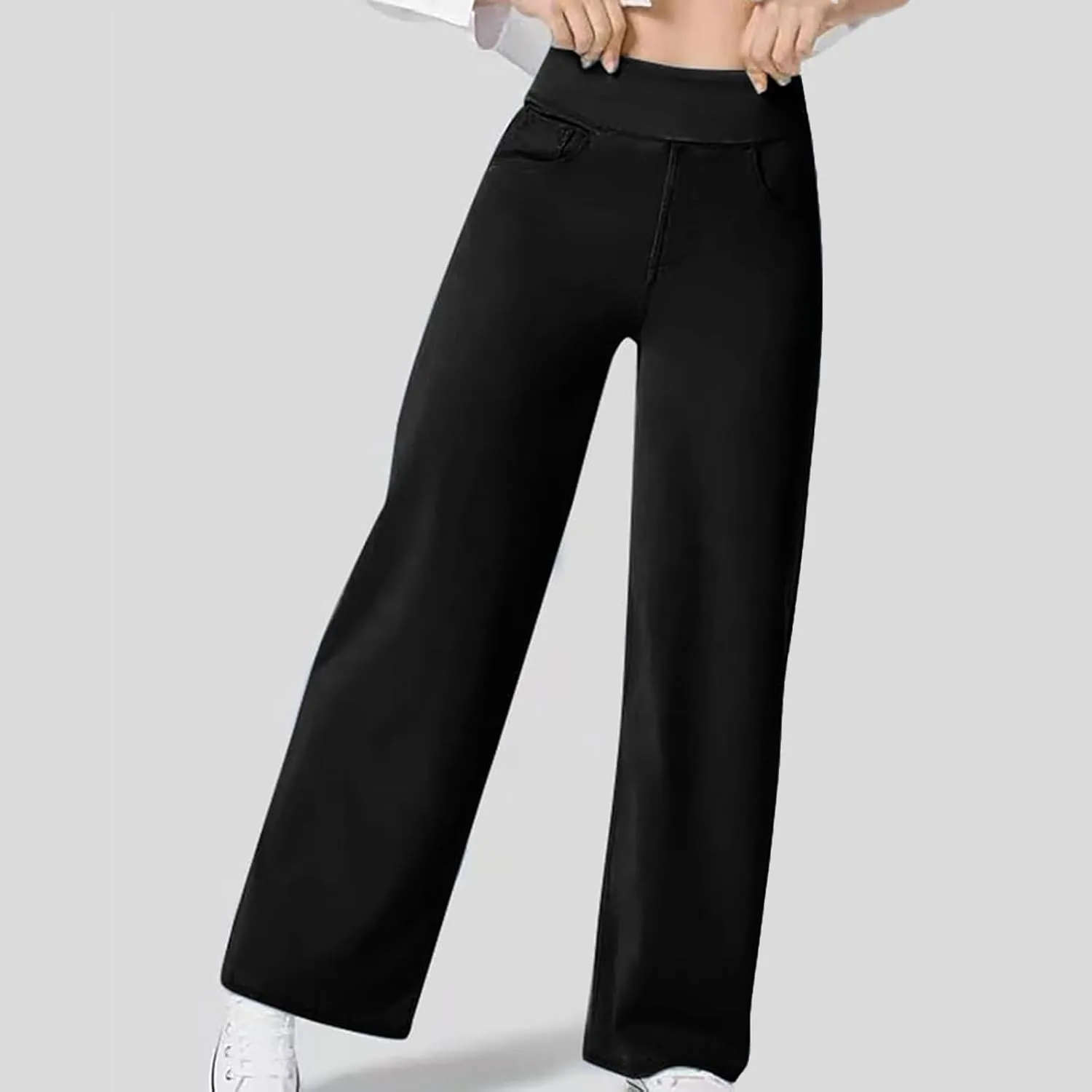 Stretch Jeans for Women Tummy Control Retro Wide Leg Elastic High Waisted Loose Pull on Denim Pants with Pockets