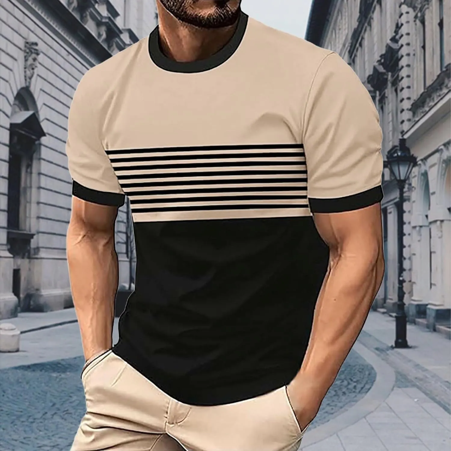 Striped Shirts for Men Short Sleeve Crewneck Neck T-Shirts with Pocket Classic Basic Tees Fashion Summer Shirt Tops