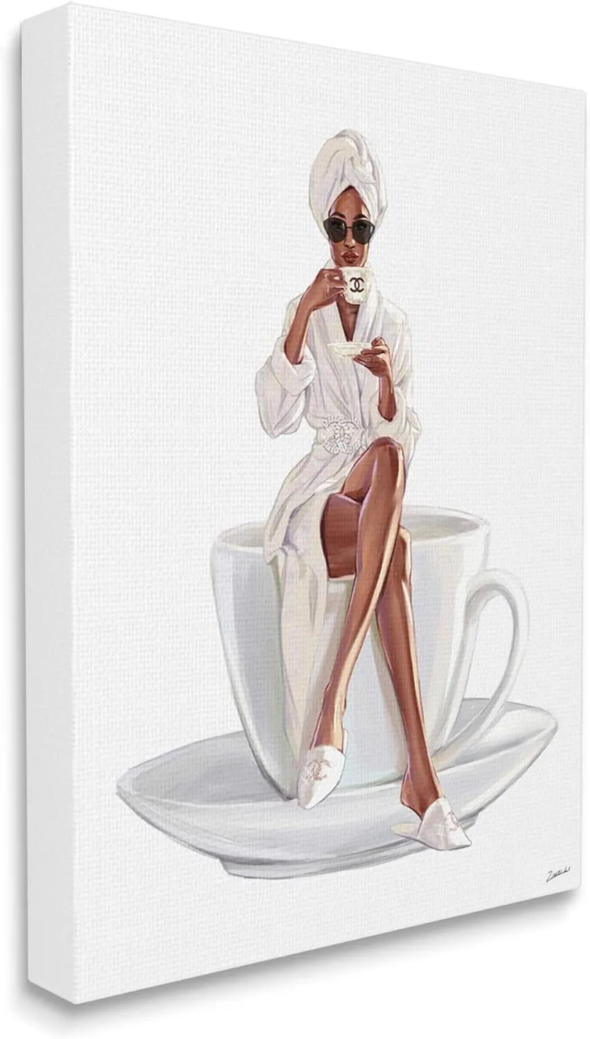 Stupell Industries Chic Coffee Teacup Woman Sipping Robe Sunglasses, Design by Ziwei Li