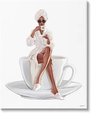 Stupell Industries Chic Coffee Teacup Woman Sipping Robe Sunglasses, Design by Ziwei Li
