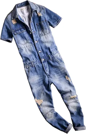 Summer Thin Overalls Men's Denim Jumpsuits Lapel Short Sleeve Loose Blue Jeans Cargo Pants