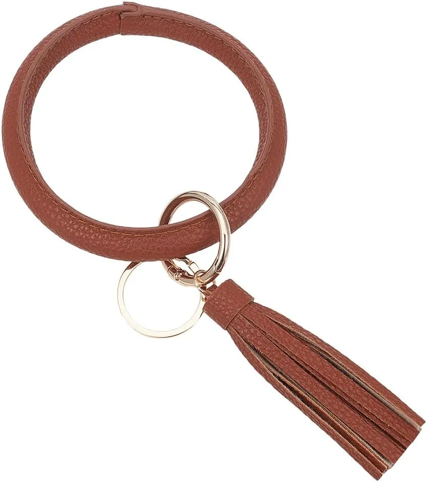 SUNNYCLUE 1 Box 1pc Key Chain Wristlet Bracelet Leather Wrist Keychain Bracelet Imitation Leather Coconut Brown Circle Rouns Big O Wrists Key Ring With Tassles For Women Adults Key Chains Wallets