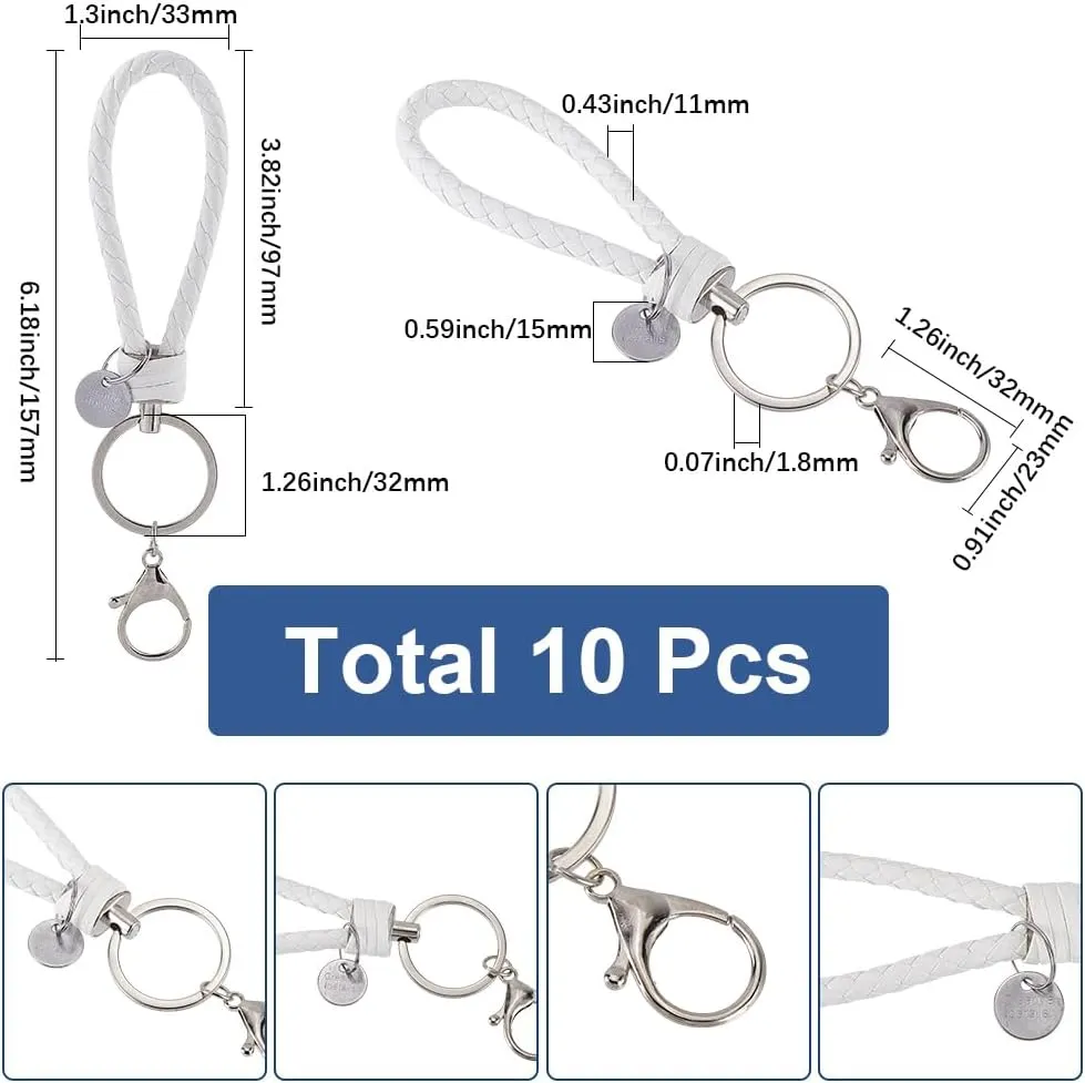 SUNNYCLUE 10Pcs Wristlet Bracelet Keychain White Braid Leather Keychain Imitation Leather Wristlet Keychains with Lobster Claw Clasps Key Chain Bracelet for Women Men Bags Purse Car Keys Decorations
