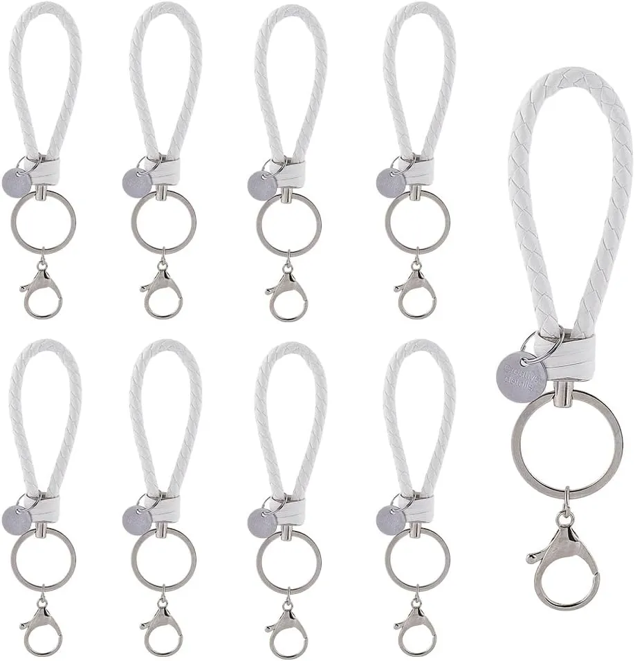 SUNNYCLUE 10Pcs Wristlet Bracelet Keychain White Braid Leather Keychain Imitation Leather Wristlet Keychains with Lobster Claw Clasps Key Chain Bracelet for Women Men Bags Purse Car Keys Decorations
