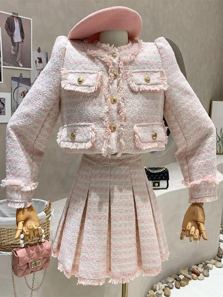 Sweet Tassel Winter Women Tweed Short Jacket Coat Skirt Sets Y2k Warm Thick Woolen Pleated Skirt Suits Female