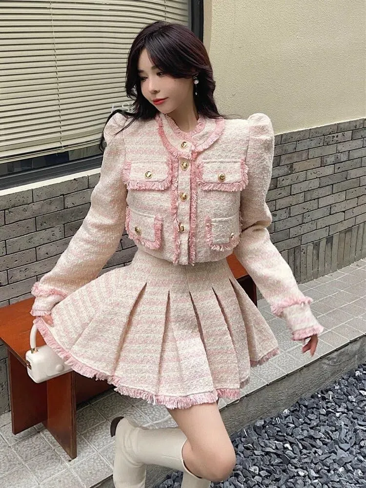 Sweet Tassel Winter Women Tweed Short Jacket Coat Skirt Sets Y2k Warm Thick Woolen Pleated Skirt Suits Female