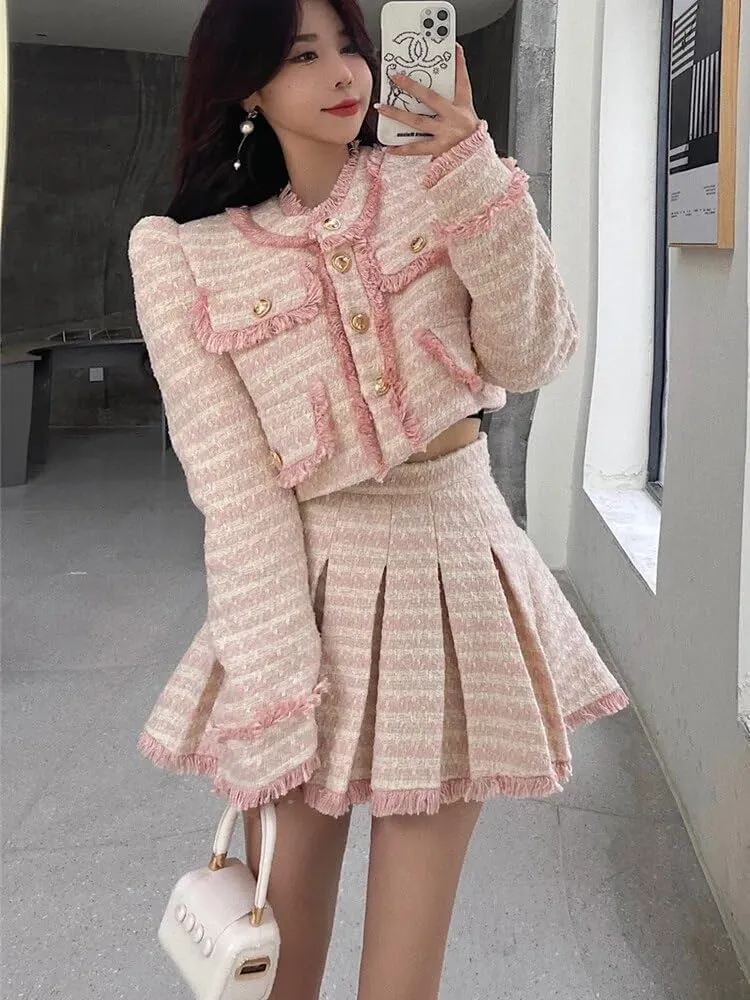 Sweet Tassel Winter Women Tweed Short Jacket Coat Skirt Sets Y2k Warm Thick Woolen Pleated Skirt Suits Female