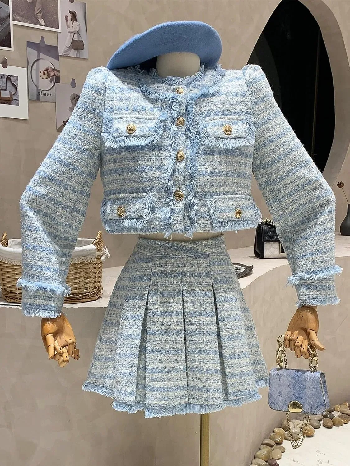 Sweet Tassel Winter Women Tweed Short Jacket Coat Skirt Sets Y2k Warm Thick Woolen Pleated Skirt Suits Female