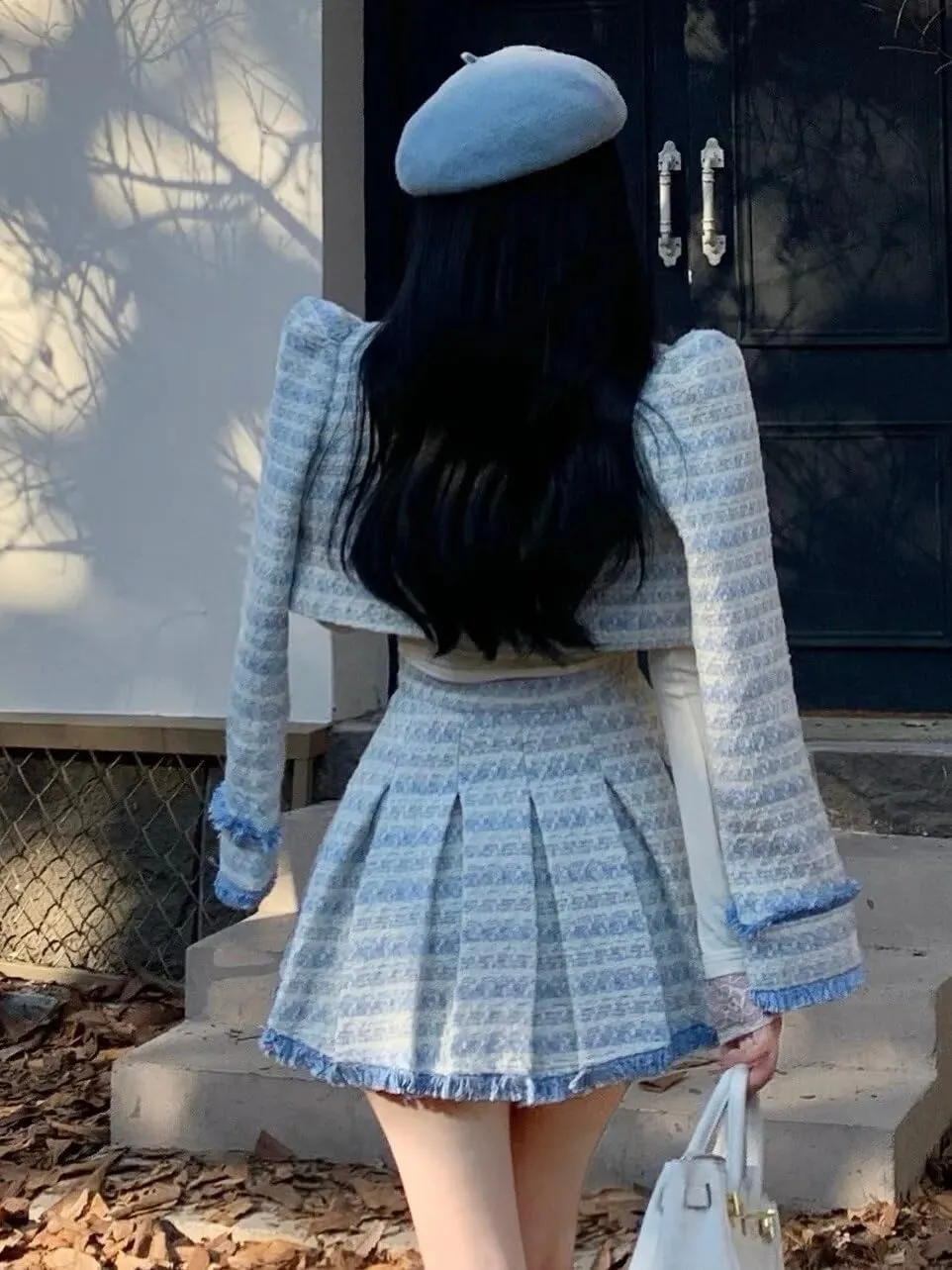 Sweet Tassel Winter Women Tweed Short Jacket Coat Skirt Sets Y2k Warm Thick Woolen Pleated Skirt Suits Female