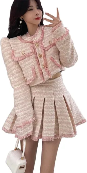 Sweet Tassel Winter Women Tweed Short Jacket Coat Skirt Sets Y2k Warm Thick Woolen Pleated Skirt Suits Female
