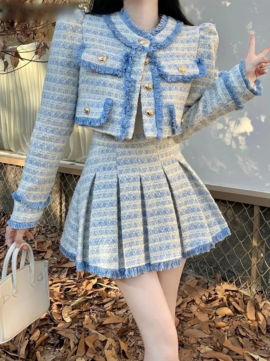 Sweet Tassel Winter Women Tweed Short Jacket Coat Skirt Sets Y2k Warm Thick Woolen Pleated Skirt Suits Female