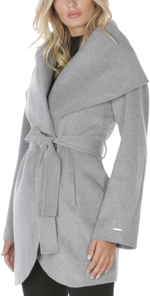 T Tahari Women's Double Face Wool Blend Wrap Coat with Oversized Collar