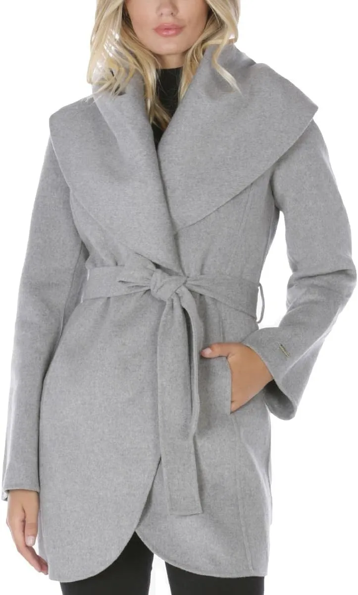 T Tahari Women's Double Face Wool Blend Wrap Coat with Oversized Collar