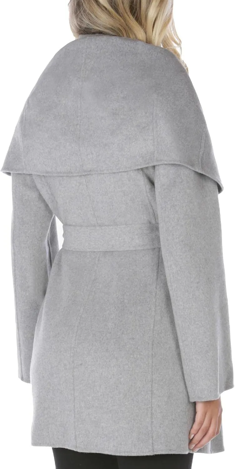 T Tahari Women's Double Face Wool Blend Wrap Coat with Oversized Collar