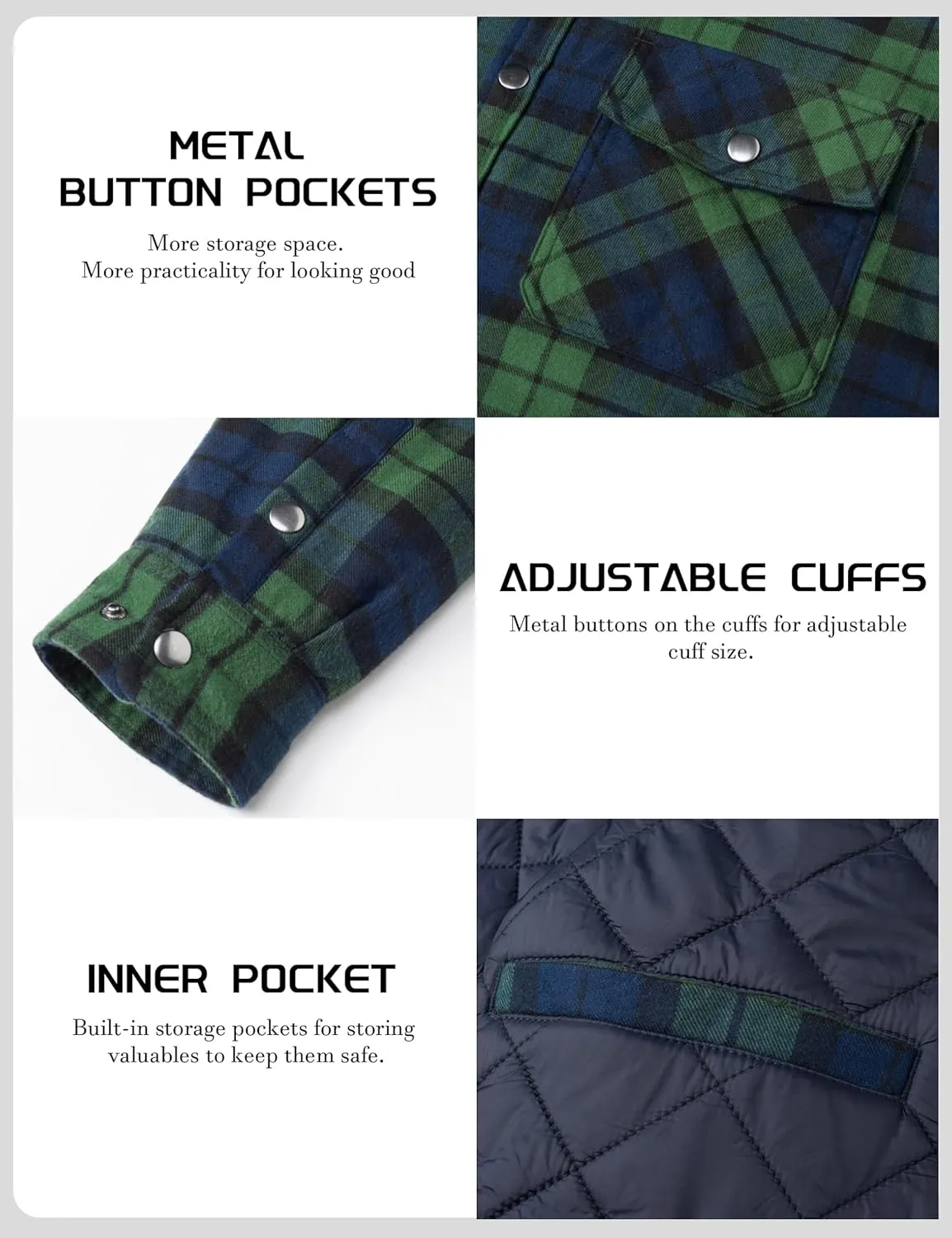 TACVASEN Men's Flannel Shirt Jacket Quilted Lined Long Sleeve Button Down Shirts Jacket