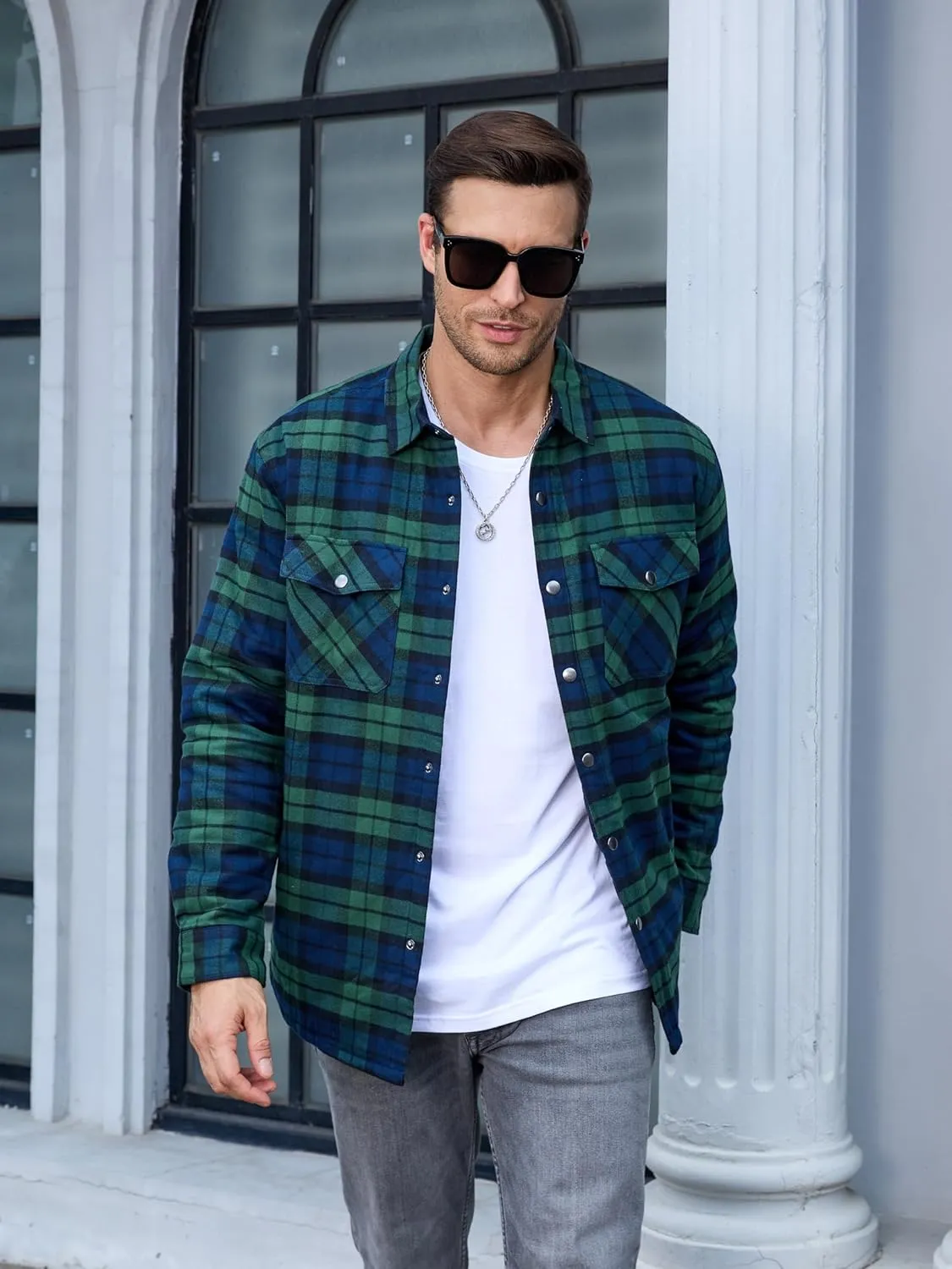 TACVASEN Men's Flannel Shirt Jacket Quilted Lined Long Sleeve Button Down Shirts Jacket